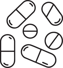 Outline drawing of various pills and capsules on white background