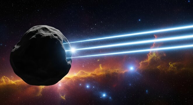 Asteroid illuminated by radiant energy beams amidst a celestial tapestry and distant stars