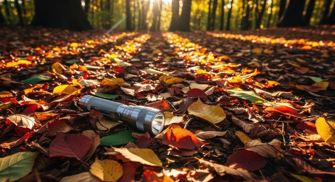 Autumnal forest floor with vibrant fallen leaves and a silver flashlight in focus - Powered by Adobe