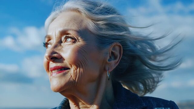 Close-up portrait of eldery senior woman with gray hair. Concept of age acceptance. Fashionable grandmother with wisdom in eyes. Natural aging without surgery or facelifts