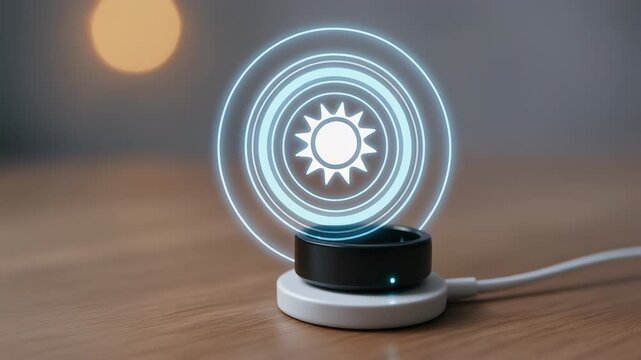 Smart thermostat controller adjusting sunlight mode with glowing interface and hand interaction smart wearable sensor ring wireless charging with