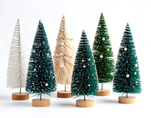 A festive set of various miniature bottle brush Christmas trees for holiday home decoration on a clean white background