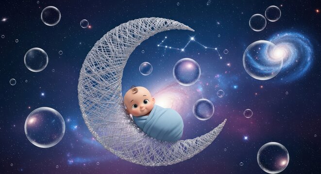 Dreamy baby cradled in a celestial moon amidst a cosmic galaxy and floating bubbles - Powered by Adobe