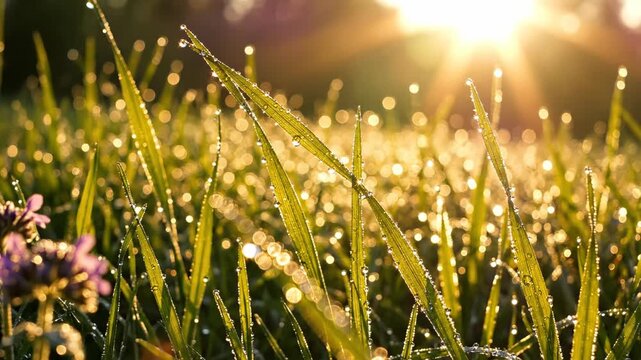 Golden Sunrise Over Dew-Kissed Grass, Illuminating the Morning's Gentle Glow