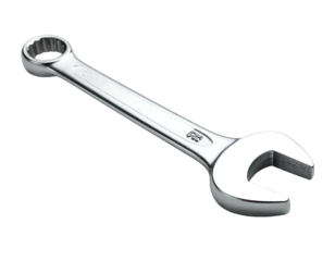 A shiny, metallic wrench tool is angled diagonally against a black background. One end is a closed circle, the other is an open-ended U-shape