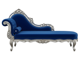 Elegant blue velvet chaise longue with ornate silver baroque detailing for luxury interior design isolated PNG with Transparent Background