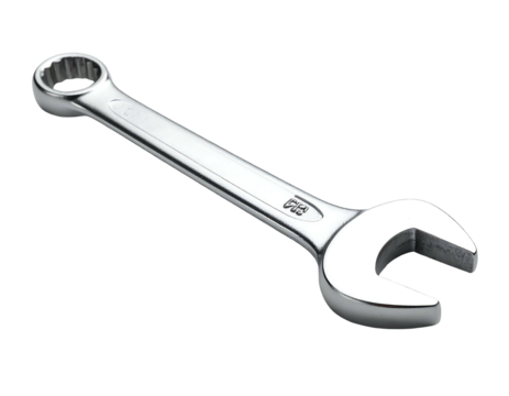 A shiny, metallic wrench tool is angled diagonally against a black background. One end is a closed circle, the other is an open-ended U-shape