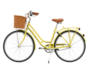 Bright yellow retro ladies city bicycle with basket isolated for urban transport and leisure. isolated PNG with Transparent Background