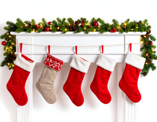 Festive holiday stockings hanging on a beautifully decorated mantelpiece against a pristine white background, showcasing traditional decor for joyful Christmas celebrations and gift-giving