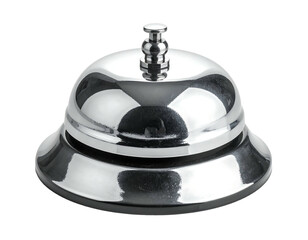 A shiny, chrome-like bell, often used at a reception desk. Its base is circular with a distinct lip. A small knob sits atop