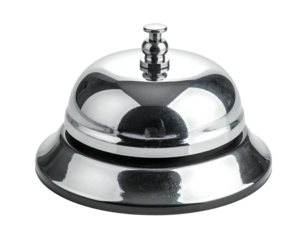 A shiny, chrome-like bell, often used at a reception desk. Its base is circular with a distinct lip. A small knob sits atop