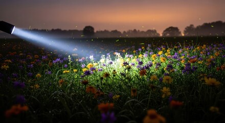 Illuminating floral exploration a vibrant meadow under nocturnal spotlight discovery