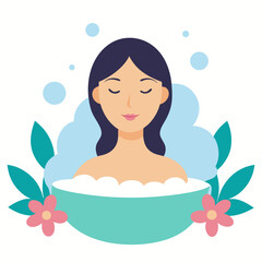 Woman enjoying a facial steam bath with flowers vector on white background.