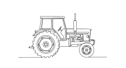 Obraz premium A detailed black and white line drawing of a classic agricultural tractor with large rear wheels and a smaller front wheel