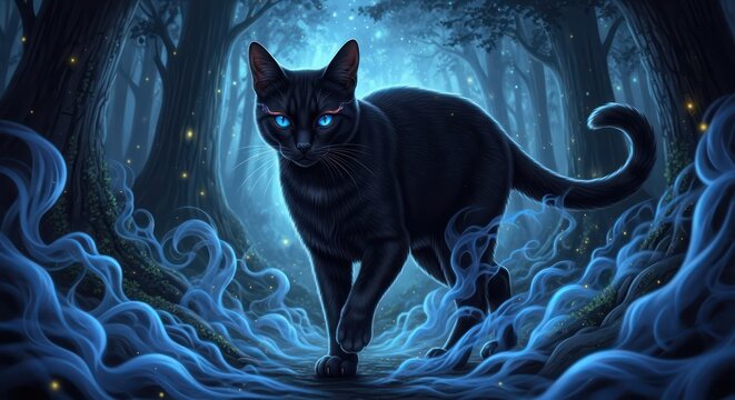 Mystical black cat with piercing blue eyes prowling in an ethereal forest setting - Powered by Adobe