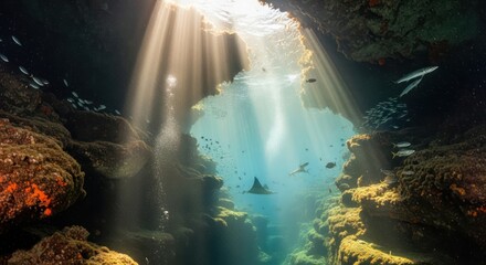 Underwater cave illuminated by sun rays and teeming with marine life evokes awe