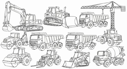 Collection of Construction Vehicles and Heavy Machinery Line Art Illustration.