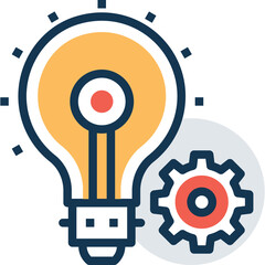 Bright Yellow Lightbulb with Red Filament and Dark Blue Outline Symbolizing Innovation Next to a Red and Blue Cogwheel on a Transparent Background