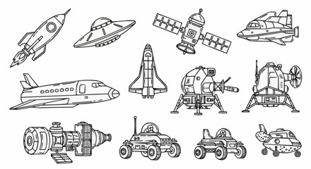 Collection of various space vehicles and spacecraft illustrations in black and white. © FAUZI