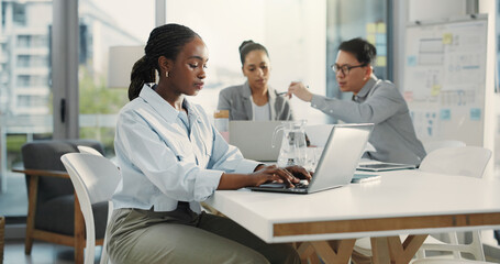 Financial advisor, laptop and woman, in workplace, typing and research for stock market. People, investor and employee with pc, revenue audit and email for trading portfolio and database analysis © peopleimages.com
