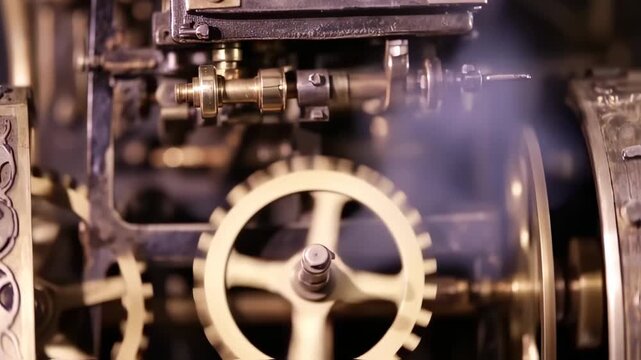 Intricate gears turning in a complex clockwork mechanism, vintage style engineering