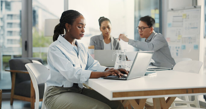 Financial advisor, laptop and woman, in workplace, typing and research for stock market. People, investor and employee with pc, revenue audit and email for trading portfolio and database analysis