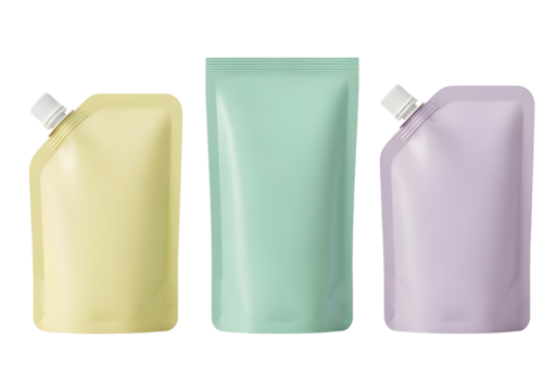 Blank flexible stand-up refill pouches in pastel colors for product packaging mockups. isolated PNG with Transparent Background