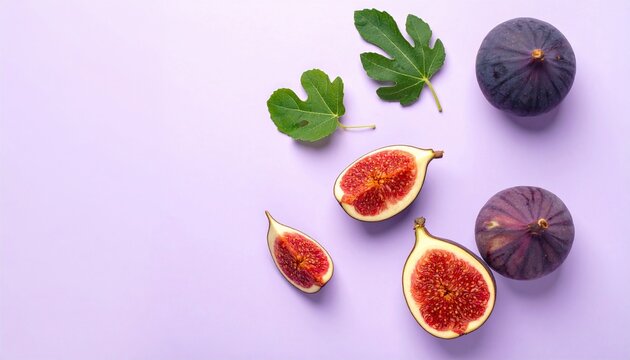 Fresh figs and fig leaves arrangement on a pastel purple surface, overhead view