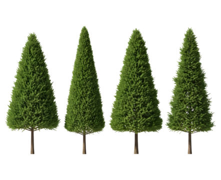 Set of four isolated green coniferous trees used for landscaping architectural design elements isolated PNG with Transparent Background
