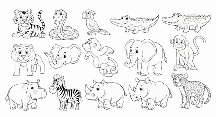 Collection of Cute Cartoon Safari Animals Outline Drawing.