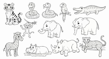 Collection of Cute Cartoon Jungle Animals for Coloring Book.