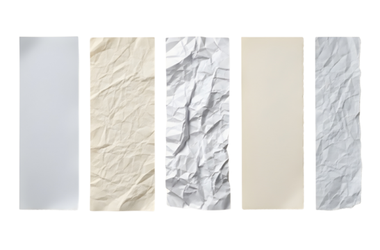 Five vertical blank paper strips with different crumpled textures for graphic design elements isolated PNG with Transparent Background