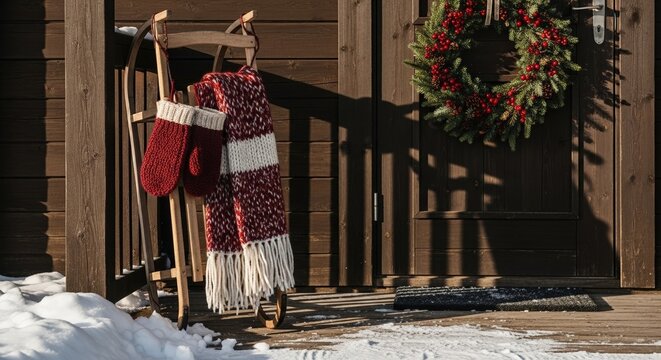 A wooden sled with a cozy scarf and mittens stands by a rustic cabin door decorated with a Christmas wreath in the snow.