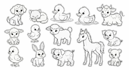 Adorable Farm Animals Collection for Coloring Book.