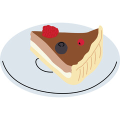 A Slice of Decadent Chocolate Cake Topped With Fresh Red Raspberries and Blueberries Served on a Light Blue Plate with a Transparent Background