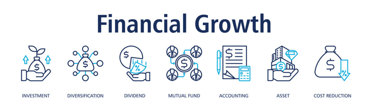 Financial Growth banner web icon vector illustration concept with icon of investment, diversification, dividend, mutual fund, accounting, asset, cost reduction