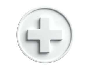 Obraz premium A stark white plus sign inside a white circle, 3D rendered with subtle shadow play on a black background