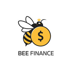 A whimsical logo design featuring a bee wearing a crown and carrying a dollar coin, symbolizing financial prosperity and industriousness in business ventures.