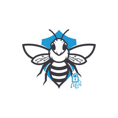 A stylized vector graphic presents a bee with circuit board patterns on its wings, guarding a digital padlock against a blue shield backdrop, symbolizing cybersecurity.