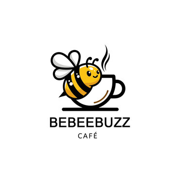 A charming logo features a cartoon bee with a happy face perched on a steaming cup, conveying a sense of warmth and inviting atmosphere for a cafe.