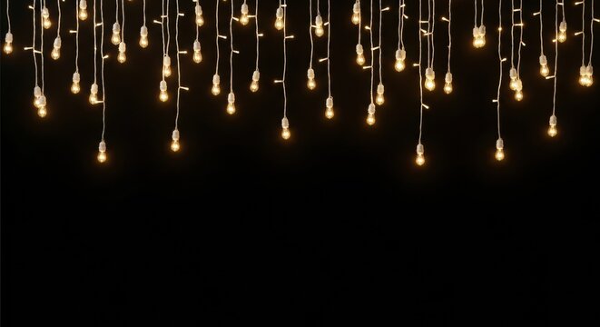 Hanging curtain string lights with warm glowing mini bulbs on black