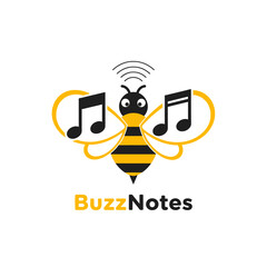 A vector logo depicts a bee with music notes as wings, suggesting a connection between music, nature, and the concept of buzzing sounds, with a playful design.