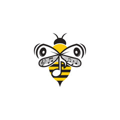 A creative logo design featuring a bee with music note wings and speaker eyes, symbolizing the harmony between nature and sound on a white backdrop.