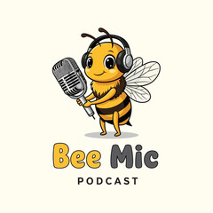 A cartoon bee with headphones stands holding a vintage microphone, representing a podcast named Bee Mic, set against a clean, light background.