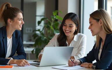Diversity, corporate and women with laptop, talking and planning budget, fintech and system update in modern office. Team, leader and group online reading, finance and.accounting process on computer