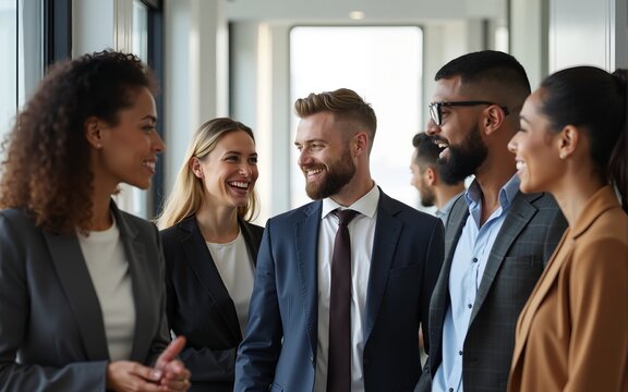 A diverse group of business people engaging in a friendly conversation in an office hallway. The image captures a positive and collaborative work environment with multicultural colleagues.