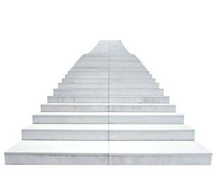 A stark white staircase ascends into darkness, its geometric lines creating a sense of height and perspective. Each step is precisely formed