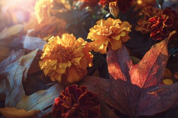Autumn marigolds and fallen leaves illuminated by warm sunlight flower floral