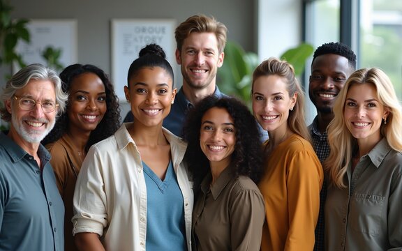 Human resource. Group portrait of smiling employees friendly team of diverse age race gender standing in office together. Successful motivated old young age multiethnic corporate staff look at camera