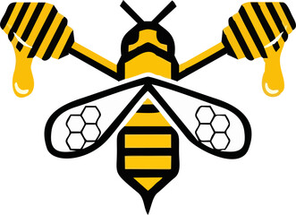 A stylized vector illustration showcases a bee holding honey dippers dripping with honey, set against a clean white background, perfect for designs.